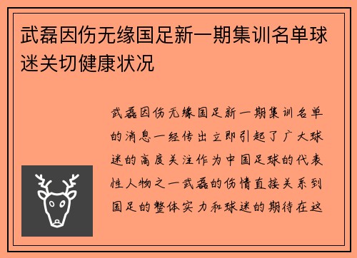 武磊因伤无缘国足新一期集训名单球迷关切健康状况