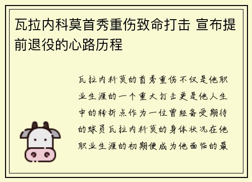 瓦拉内科莫首秀重伤致命打击 宣布提前退役的心路历程